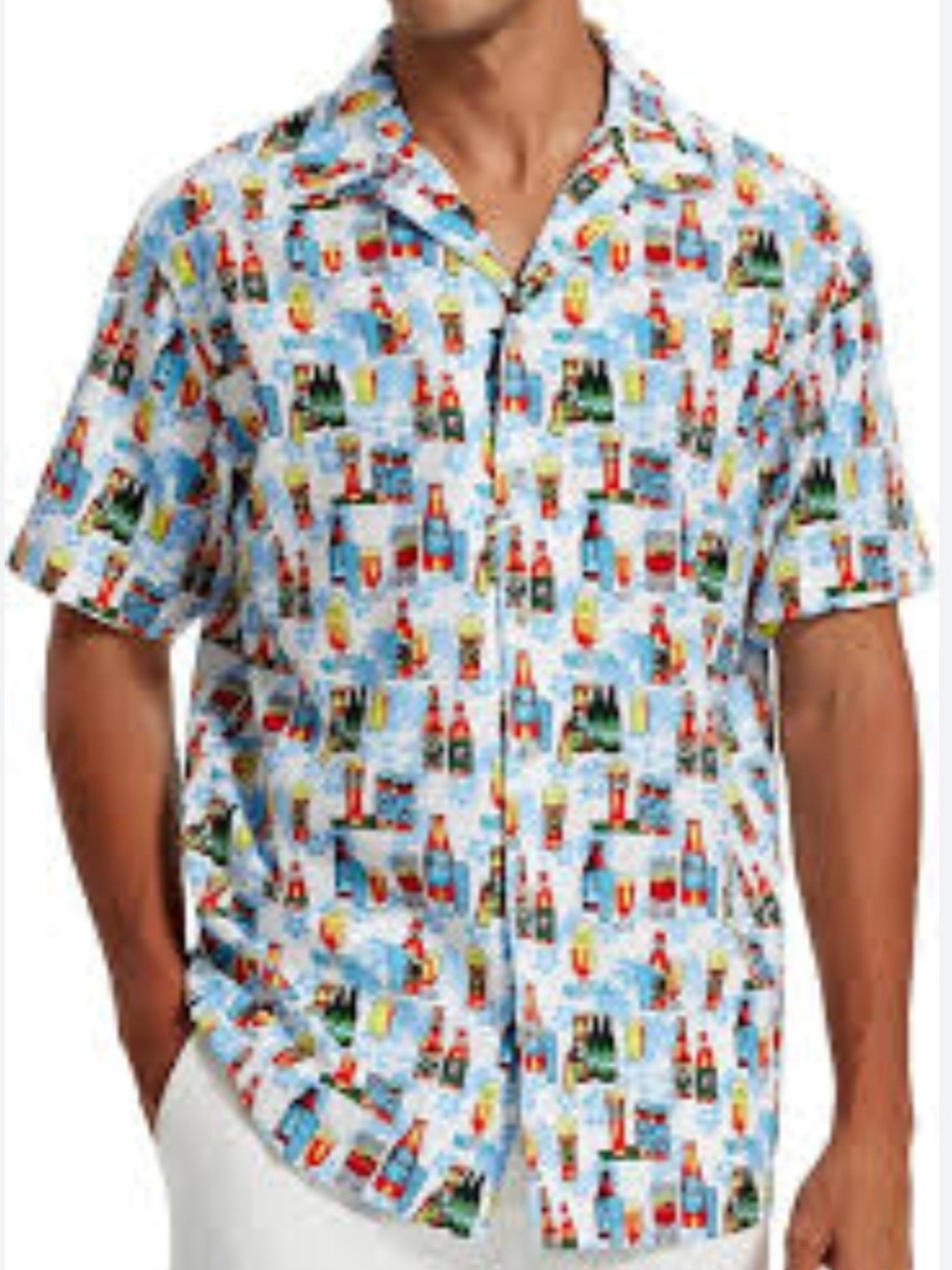 Light Blue Short-Sleeve Button-Down GOLF  Shirt with Beverage Print